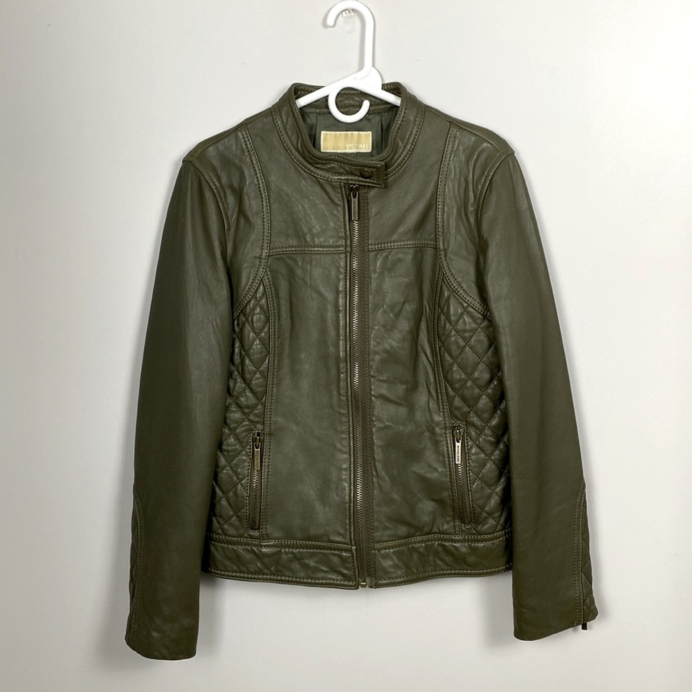 Michael Kors olive green Leather Motorcycle Jacket